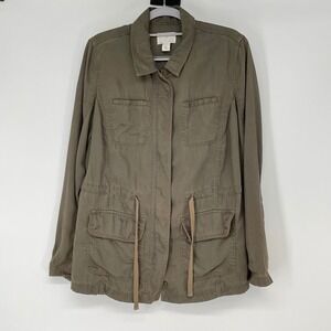 CASLON‎ Chambray Olive Green Utility Jacket Drawstring Waist Button Up Size S